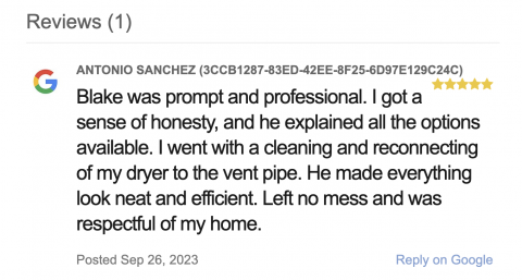 Customer review of dryer vent cleaning service, for Durham Chapel Hill area, dryer vent cleaning installation and repair, lint removal bird removal.